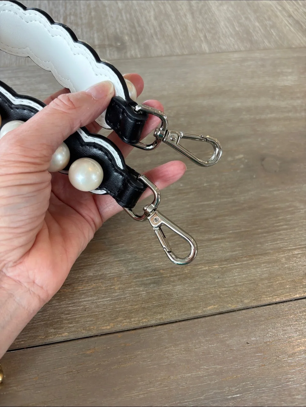Pearl-Trim Black Leather Bag Strap - White Pearls